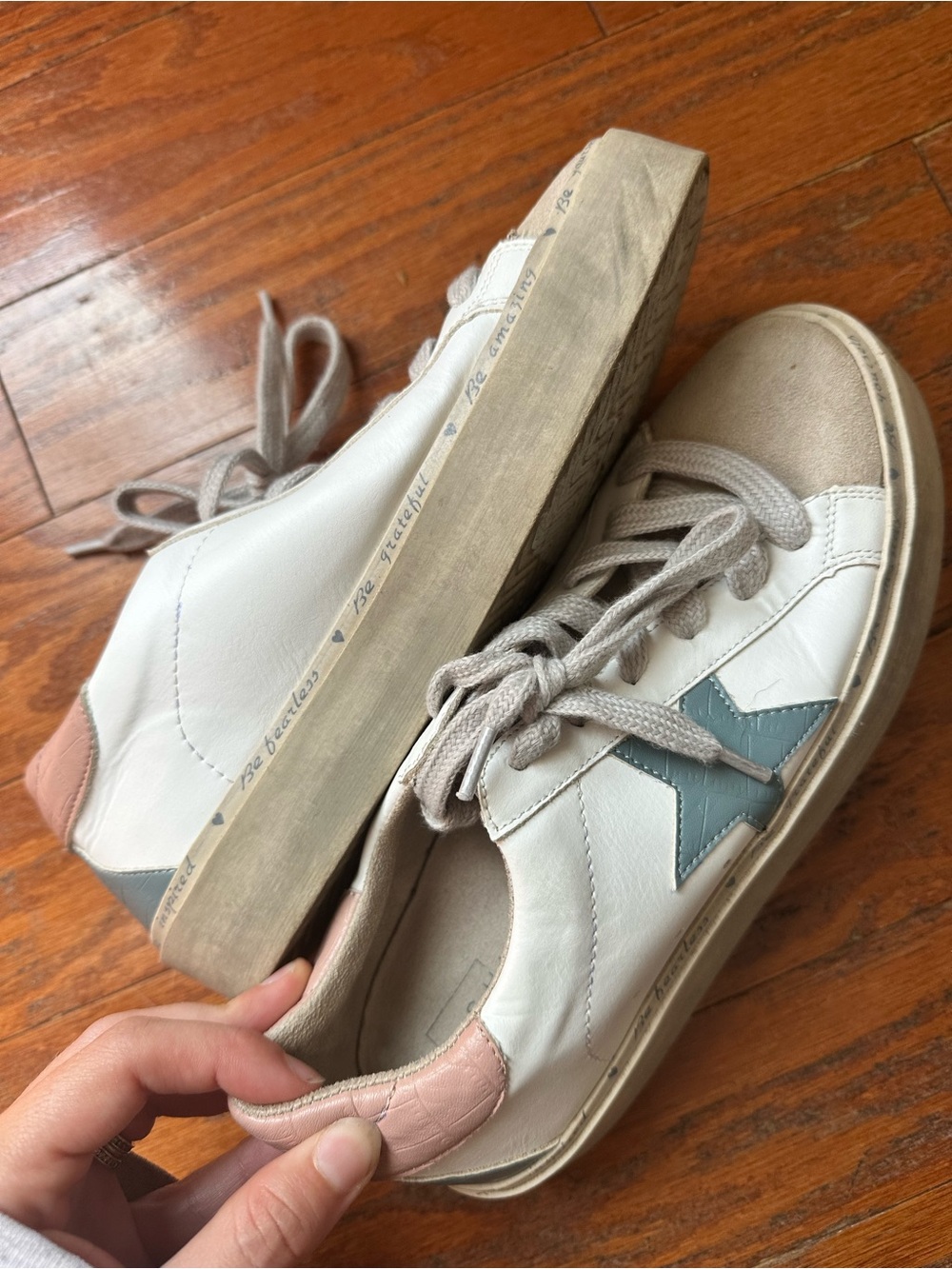 ShuShop White Leather Sneakers with Blue Star and Pink Heel